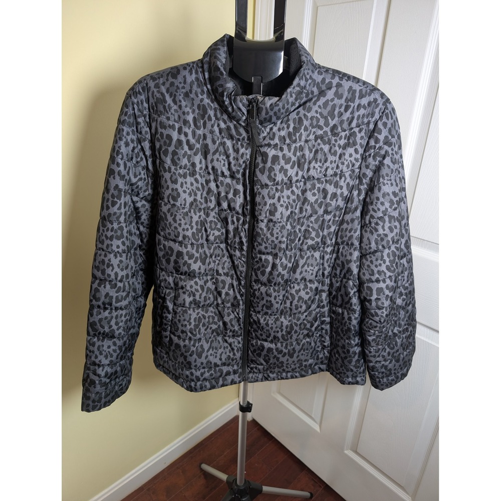GAP ColdControl Black Grey Leopard‎ Print Puffer Jacket Size XXL Water Resistant